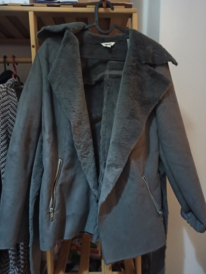 Koton Gri Süet Kemerli Ceket, Kürklü, Salaş - Görsel 2