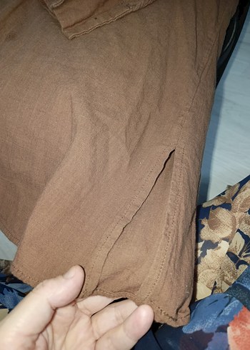 40 Beden kahverengi Renk Düğmeli Bej Keten Uzun Kollu Kadın Gömlek