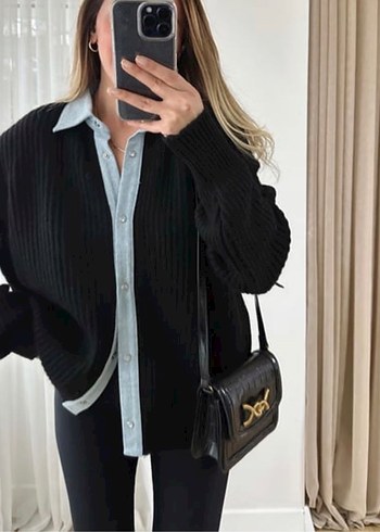 Düğmeli Gri Kadın Hırka Gömlek Yaka - Görsel 2