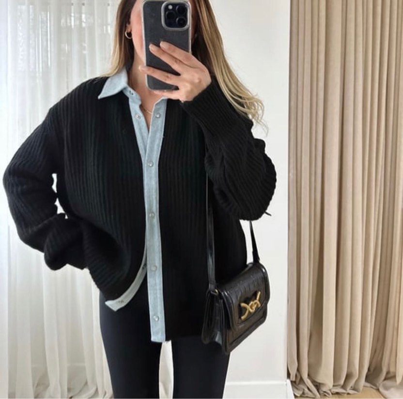 Düğmeli Gri Kadın Hırka Gömlek Yaka - Görsel 2