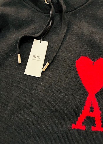 Siyah Örgü Erkek Sweatshirt, Kırmızı Kalp A Deseni - Görsel 2