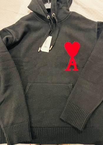 Siyah Örgü Erkek Sweatshirt, Kırmızı Kalp A Deseni - Görsel 3