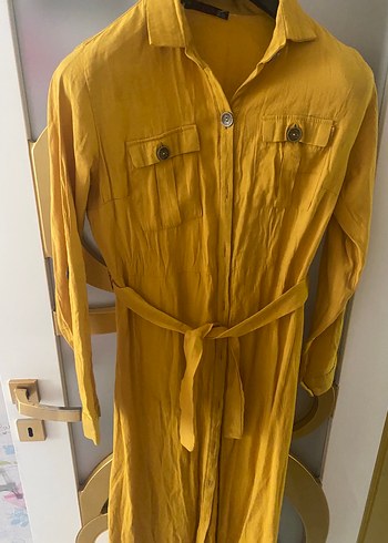 Zara Sarı Uzun Keten Elbise, Düğmeli, Bohem Stil