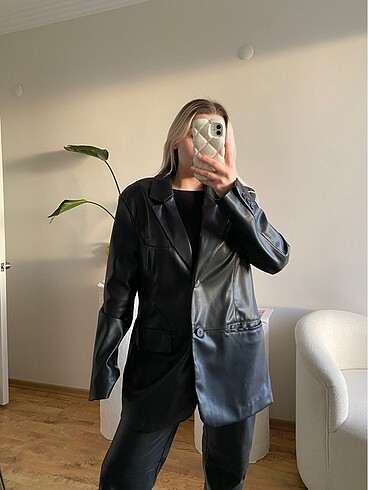 l Beden siyah Renk Siyah Deri Blazer