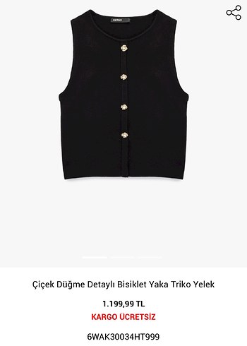 Çiçek Düğme Detaylı Bisiklet Yaka Siyah Triko Yelek