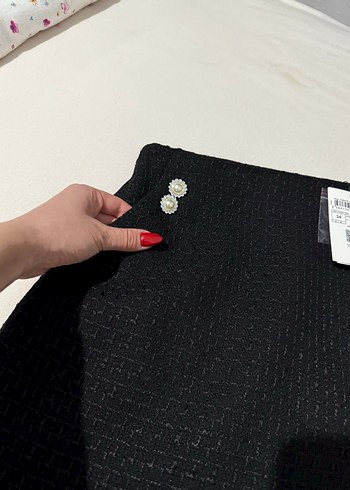 34 Beden siyah Renk İnci Düğmeli Siyah Mini Tüvit Etek
