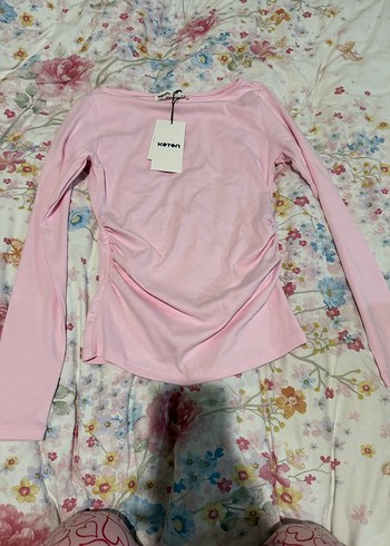 Pamuklu Uzun Kollu Drapeli Pembe Hamile Tişört - Görsel 8