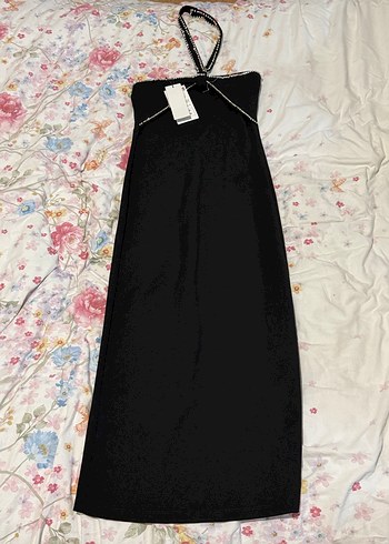 Taş Detaylı Siyah Uzun Askılı Elbise - Görsel 9