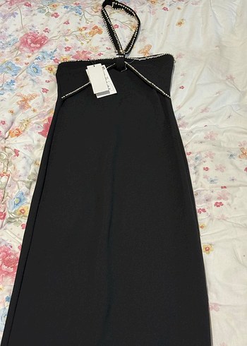 Taş Detaylı Siyah Uzun Askılı Elbise - Görsel 7