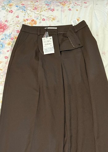 Pile Detaylı Cepli Geniş Paça Kahverengi Kumaş Pantolon - Görsel 10