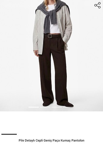Pile Detaylı Cepli Geniş Paça Kahverengi Kumaş Pantolon - Görsel 5