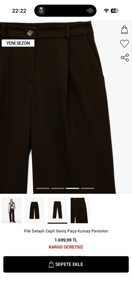 Pile Detaylı Cepli Geniş Paça Kahverengi Kumaş Pantolon - Görsel 3