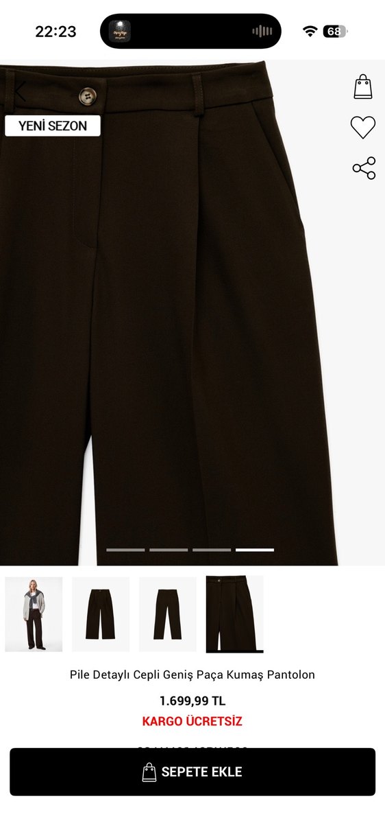 Pile Detaylı Cepli Geniş Paça Kahverengi Kumaş Pantolon - Görsel 4