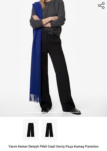 Yarım Kemerli Siyah Geniş Paça Kumaş Pantolon - Görsel 7