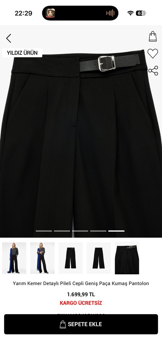 Yarım Kemerli Siyah Geniş Paça Kumaş Pantolon - Görsel 3