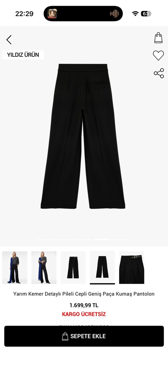 Yarım Kemerli Siyah Geniş Paça Kumaş Pantolon - Görsel 2