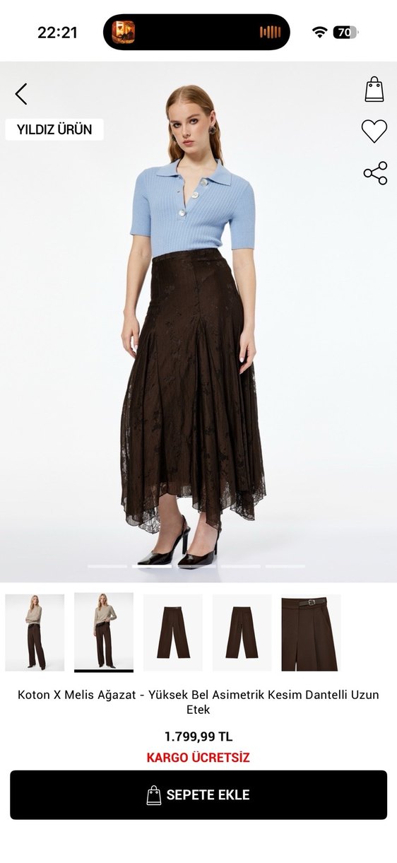 Koton Melis Ağazat Asimetrik Kesim Midi Etek - Görsel 5