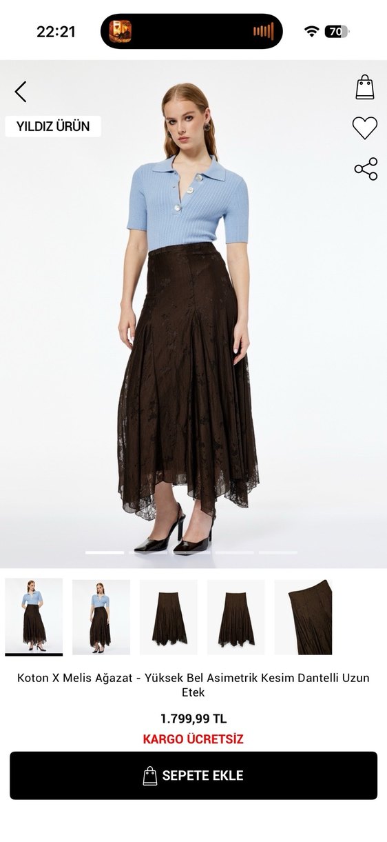 Koton Melis Ağazat Asimetrik Kesim Midi Etek - Görsel 4