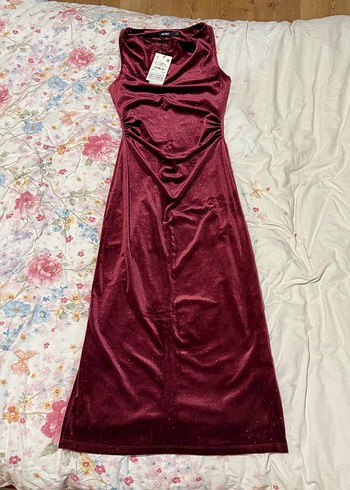 Kolsuz Bordo Kadife Uzun Elbise - Görsel 12