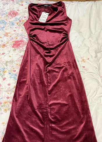 Kolsuz Bordo Kadife Uzun Elbise - Görsel 10