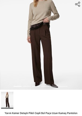 Kahverengi Bol Paça Kumaş Pantolon - Görsel 8