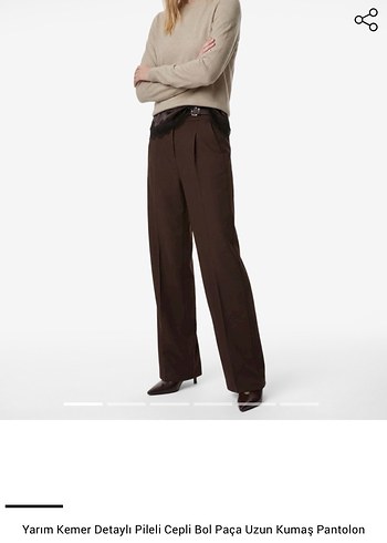 Kahverengi Bol Paça Kumaş Pantolon - Görsel 7