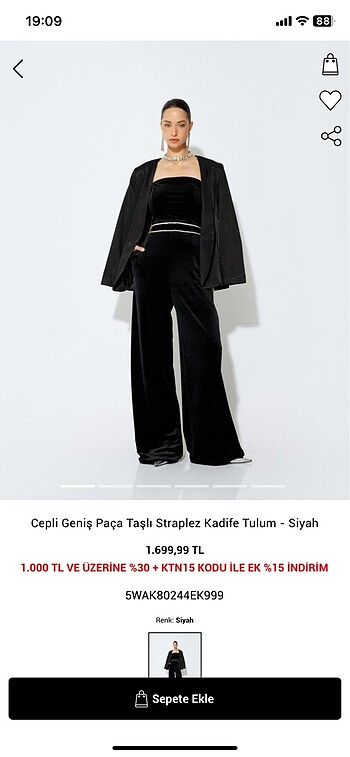 Koton cepli geniş paça kadife straplez tulum