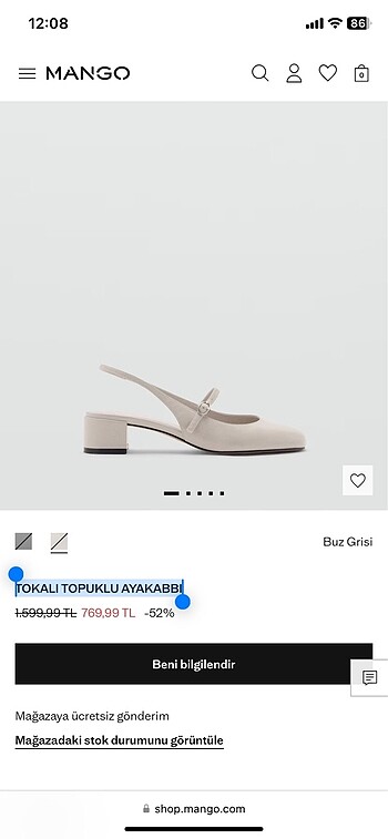 37 Beden TOKALI TOPUKLU AYAKABBI BUZ GRİ