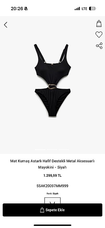 Mat Kumas Astarli Hafif Destekli Metal Aksesuarli Mayokini - Siy