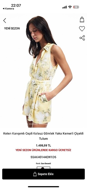 Keten Karisimli Cepli Kolsuz Gömlek Yaka Kemerli Çiçekli Tulum