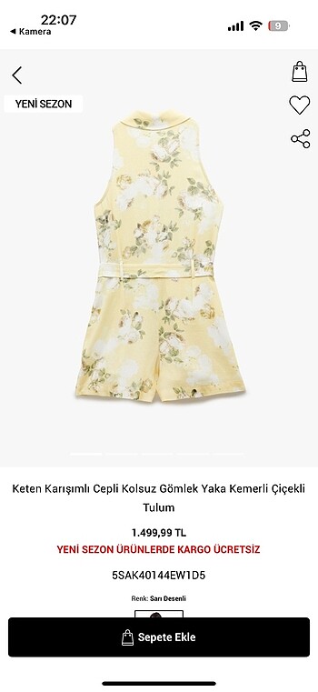 Koton Keten Karisimli Cepli Kolsuz Gömlek Yaka Kemerli Çiçekli Tulum