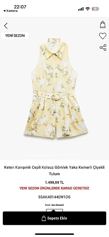 36 Beden Keten Karisimli Cepli Kolsuz Gömlek Yaka Kemerli Çiçekli Tulum