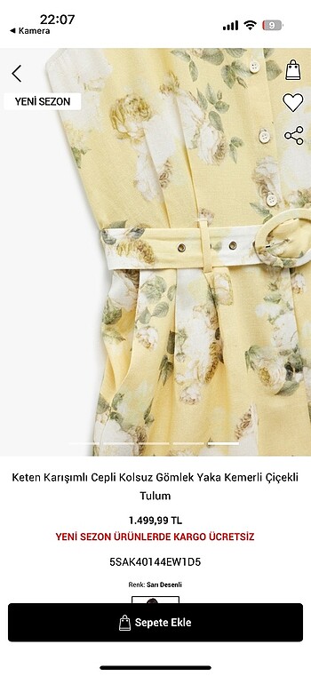 36 Beden sarı Renk Keten Karisimli Cepli Kolsuz Gömlek Yaka Kemerli Çiçekli Tulum