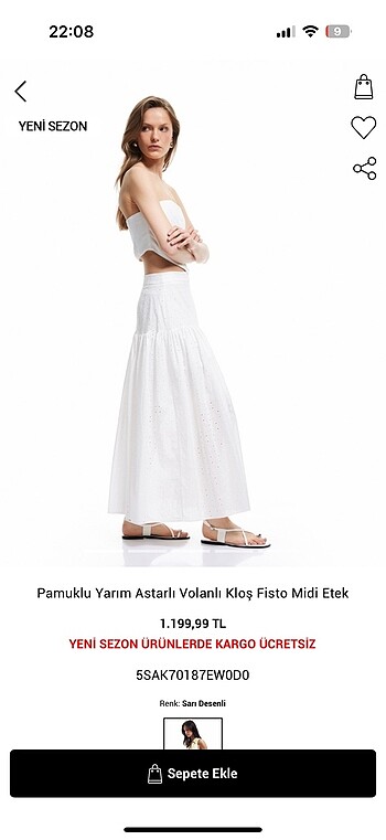 34 Beden Pamuklu Yarim Astarli Volanli Klos Fisto Midi Etek