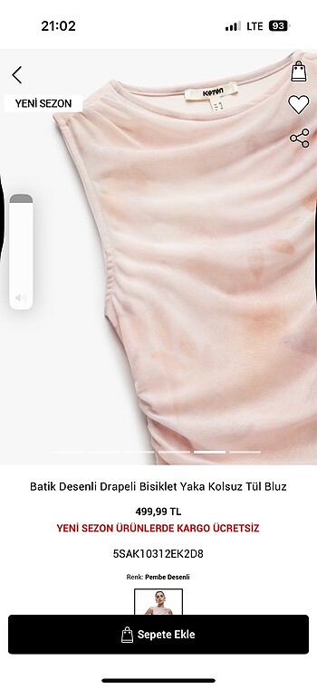 Koton Batik Desenli Drapeli Bisiklet Yaka Kolsuz Tül Bluz