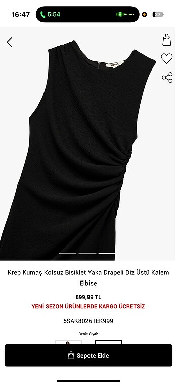 m Beden siyah Renk Krep Kumas Kolsuz Bisiklet Yaka Drapeli Diz Üstü Kalem Elbise