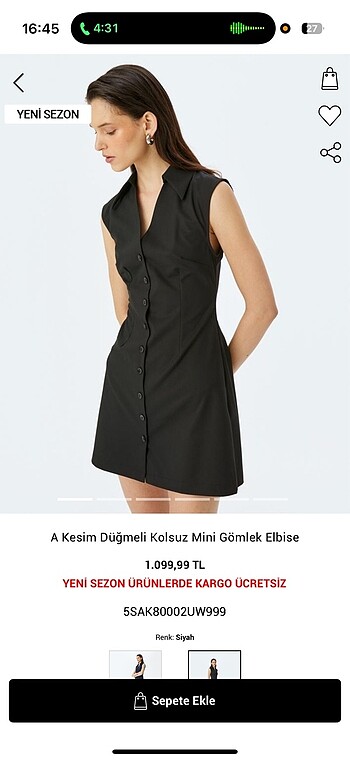 Kesim Dügmeli Kolsuz Mini Gömlek Elbise