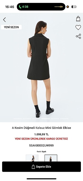 38 Beden siyah Renk Kesim Dügmeli Kolsuz Mini Gömlek Elbise