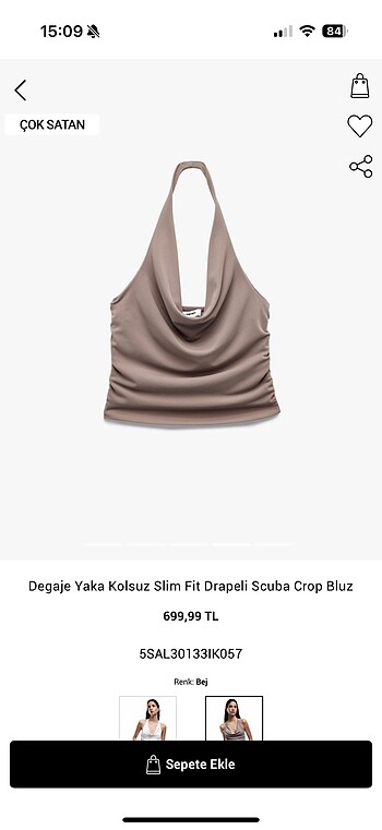 Degaje Yaka Kolsuz Slim Fit Drapeli Scuba Crop Bluz