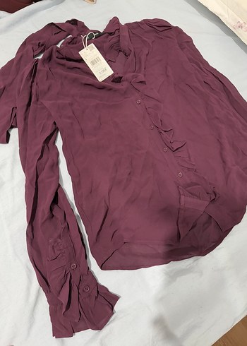 s Beden bordo Renk Mango volanlı fularlı bluz