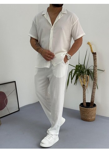Burum Beyaz Regular Fit Erkek Gömlek+Pantolon Takım
