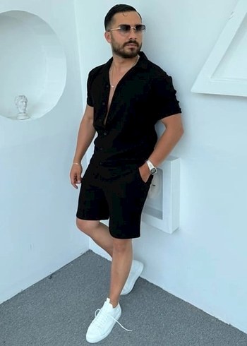 Diğer Bürümcük Kumaş Siyah Kısa Kollu Erkek Gömlek + Şort TKM