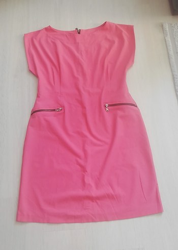 Pembe Midi Kalem Elbise, Düşük Kol, Fermuarlı