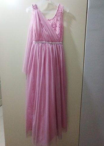 Pembe Uzun Kollarsız Drapeli Gelinlik