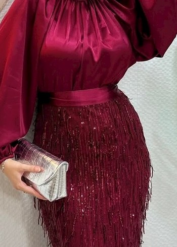 Püsküllü Bordo Uzun Abiye Elbise