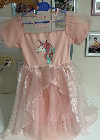 Pembe Unicorn Baskılı Kız Elbisesi