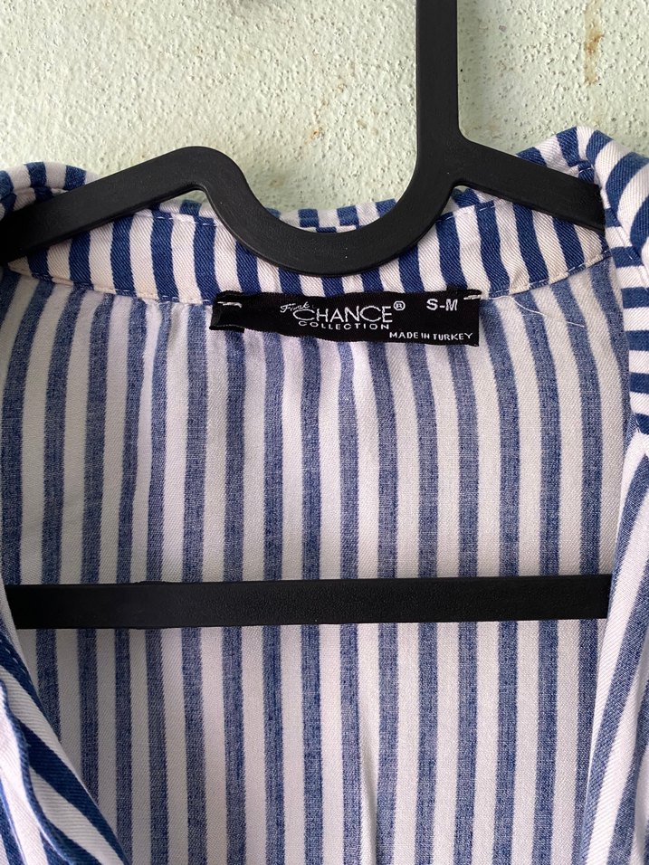 Düğmeli, Uzun Kollu Mavi Çizgili Kadın Gömlek - Görsel 5