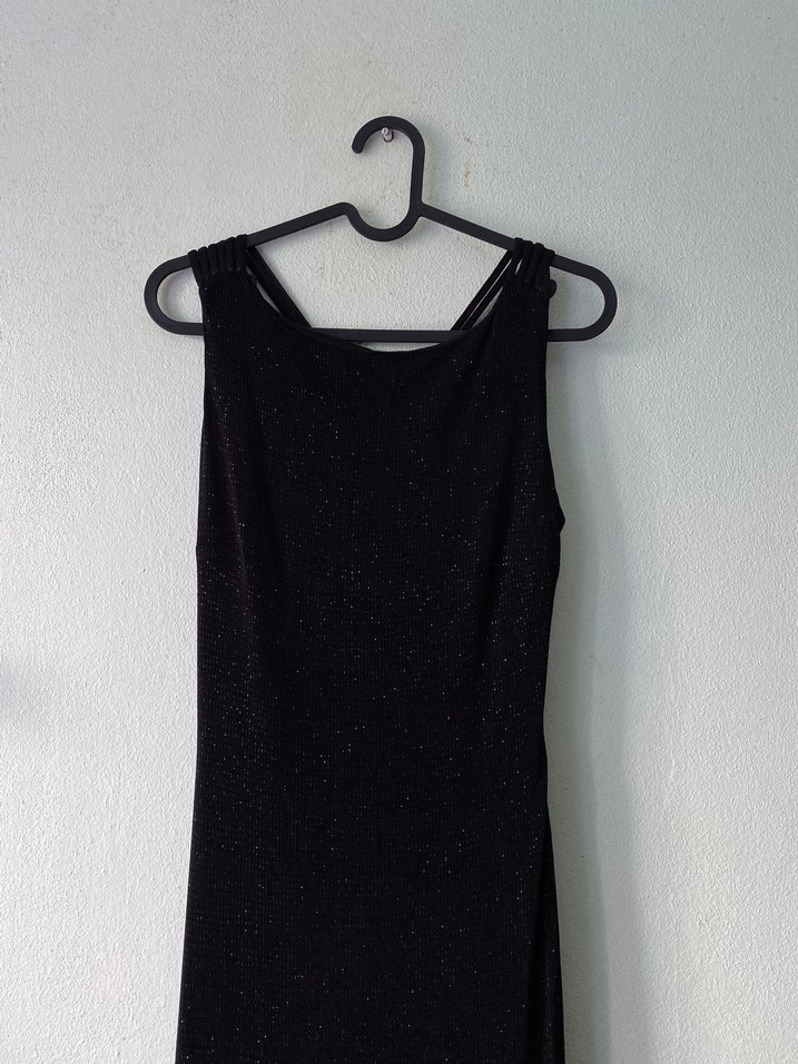 Siyah Uzun Askılı Drapeli Abiye Elbise - Görsel 2