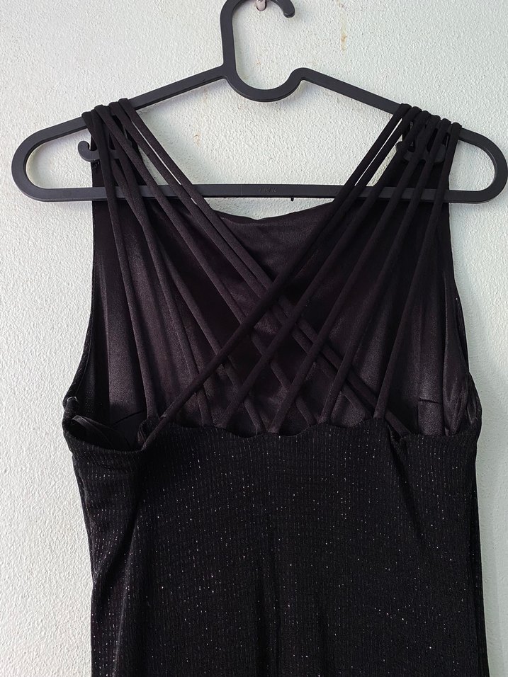 Siyah Uzun Askılı Drapeli Abiye Elbise - Görsel 4