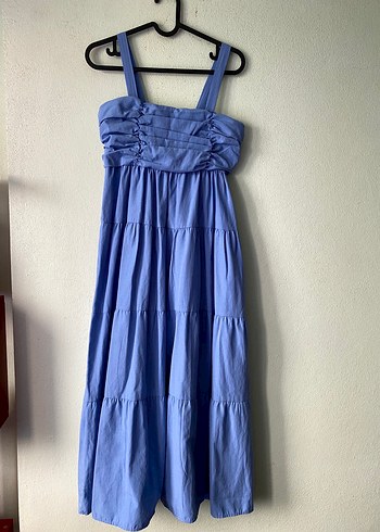 Mavi Uzun Askılı Fırfırlı Elbise - Görsel 3